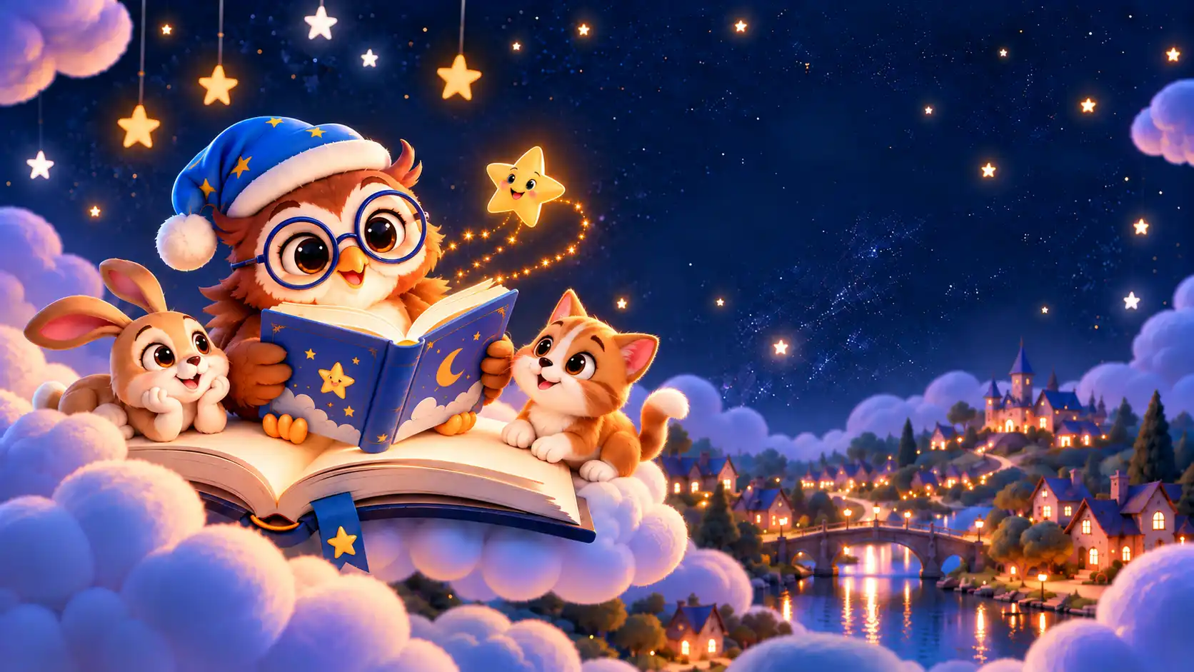 Wittyloo reads a magical storybook with a bunny and kitten on clouds above a glowing nighttime village.